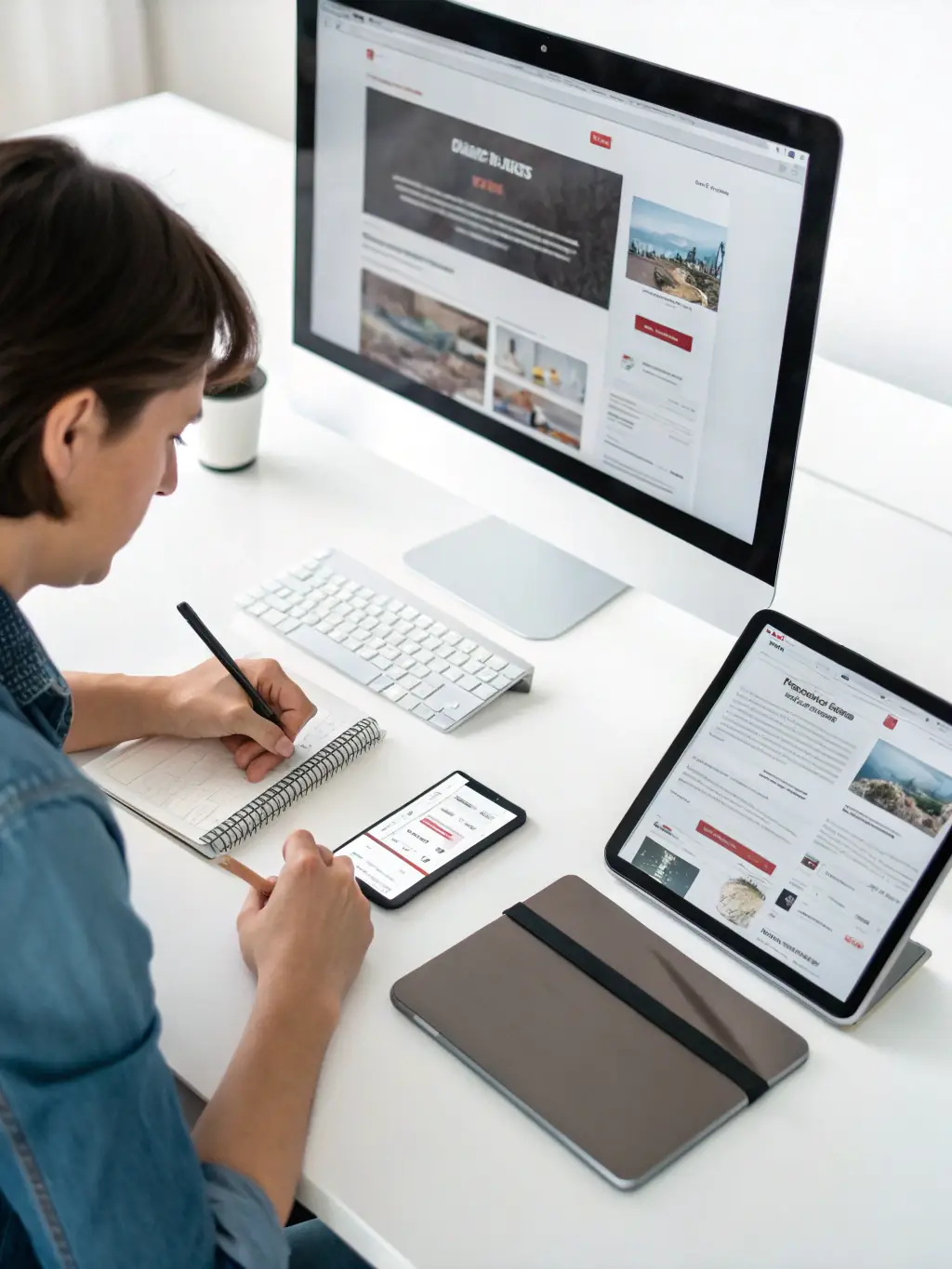A member of the MT Marketing Solutions team is testing a website on various devices (desktop, tablet, mobile) to ensure responsiveness and functionality.