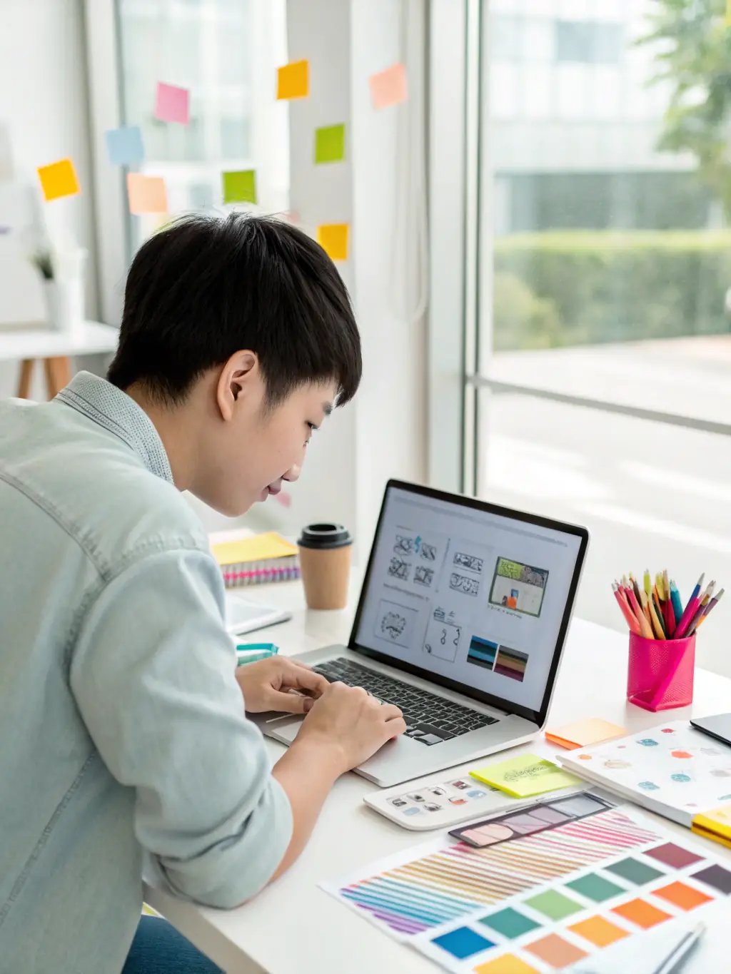 A designer at MT Marketing Solutions is creating a website wireframe on a large monitor, with various design elements and color palettes visible.